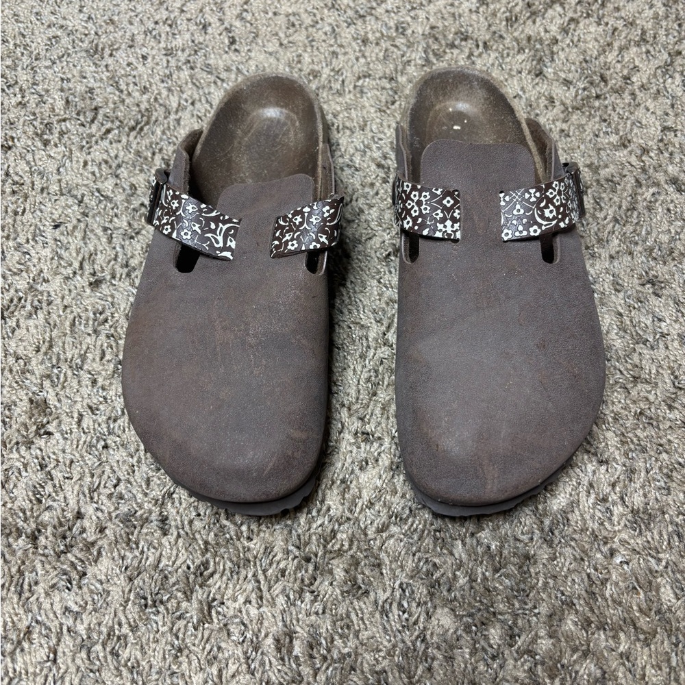 Birkenstock Brown Suede Clogs with Printed Buckles